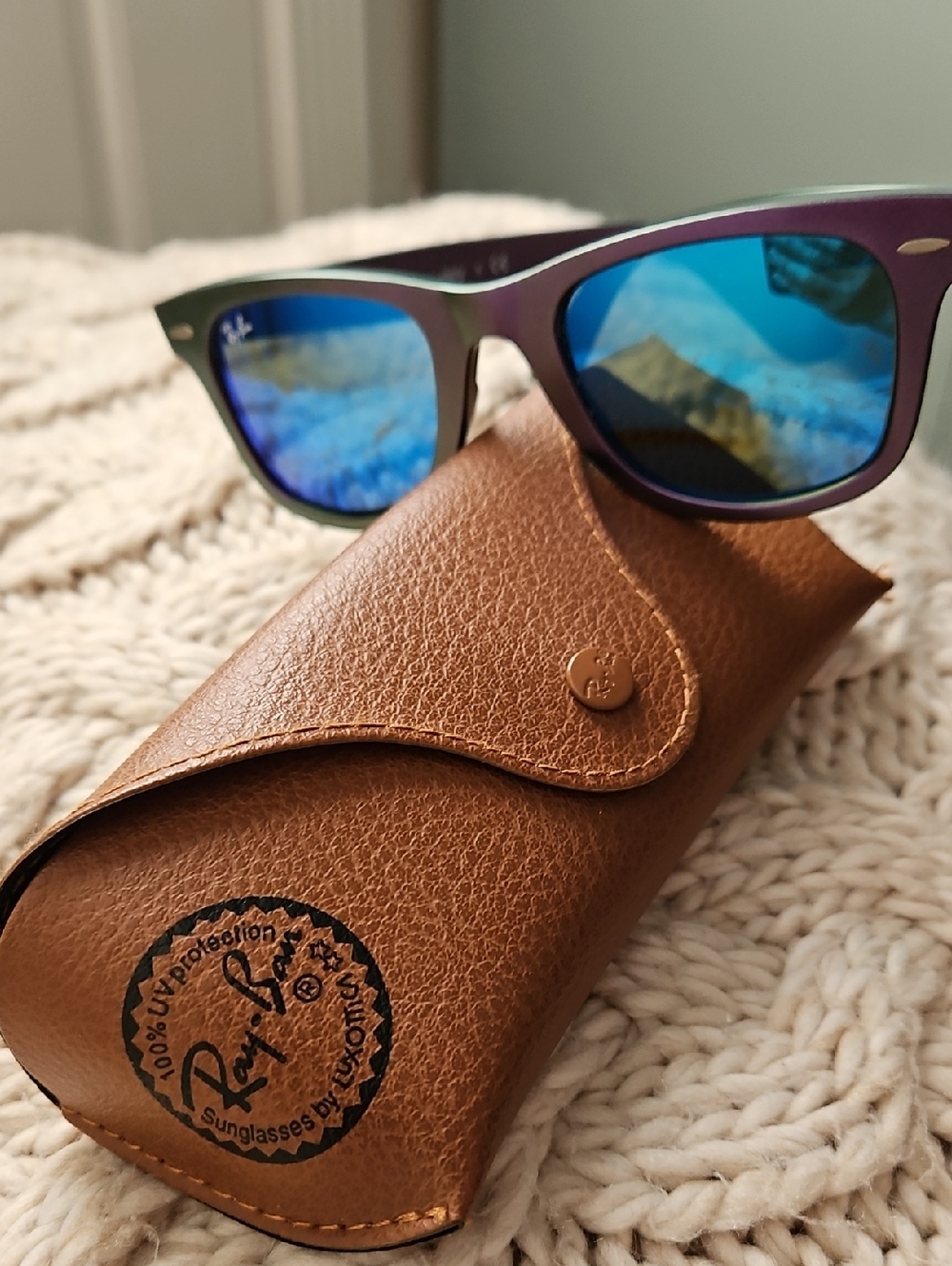 Ray-Ban Sunglasses with Blue Mirrored Lenses and Purple Frame